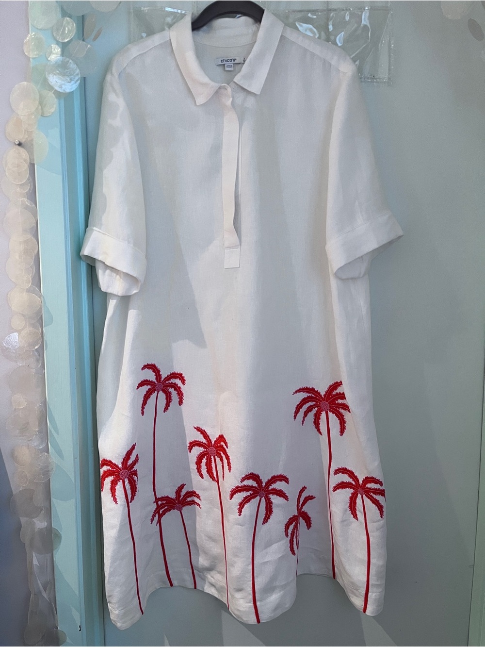 Chicos 100% Linen White Short-Sleeve button-down dress, Red Palm Tree Embroidery